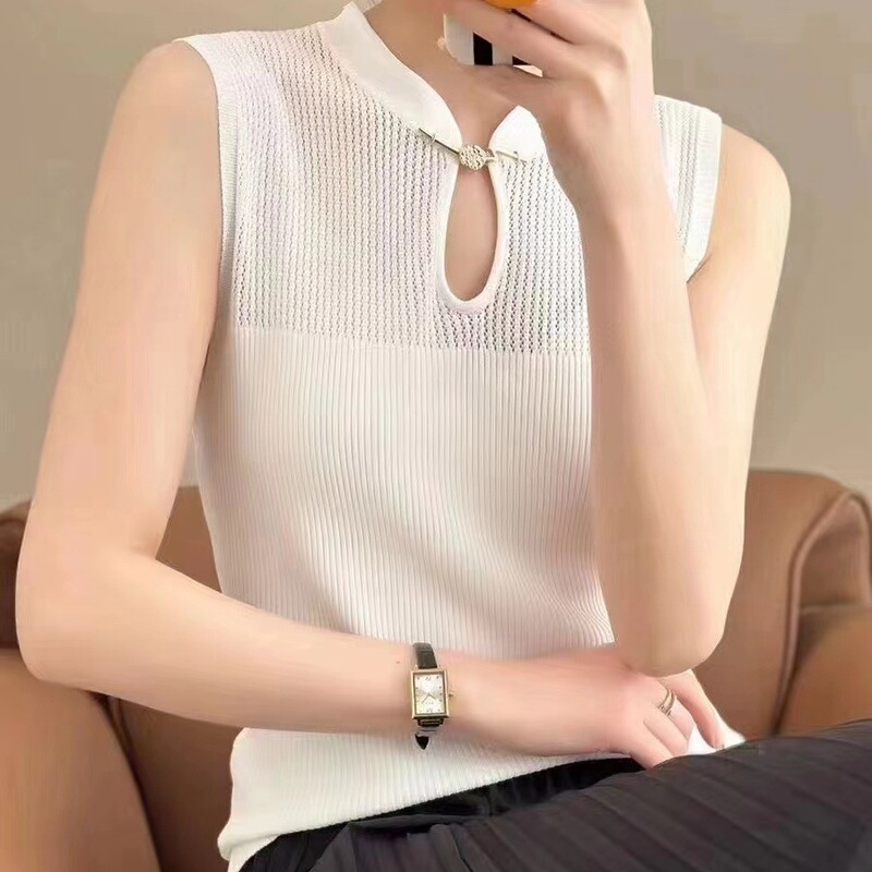 Spring and Summer new Chinese style stand collar buckle camisole outer wear slim semi-transparent sweater sleeveless top for women