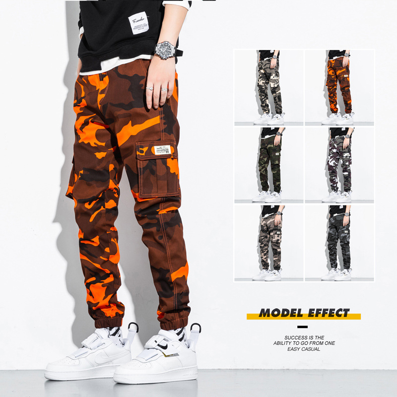 2023 Men's military 97% cotton overalls fat loose large size bunched foot pants Spring and autumn outdoor sports camouflage