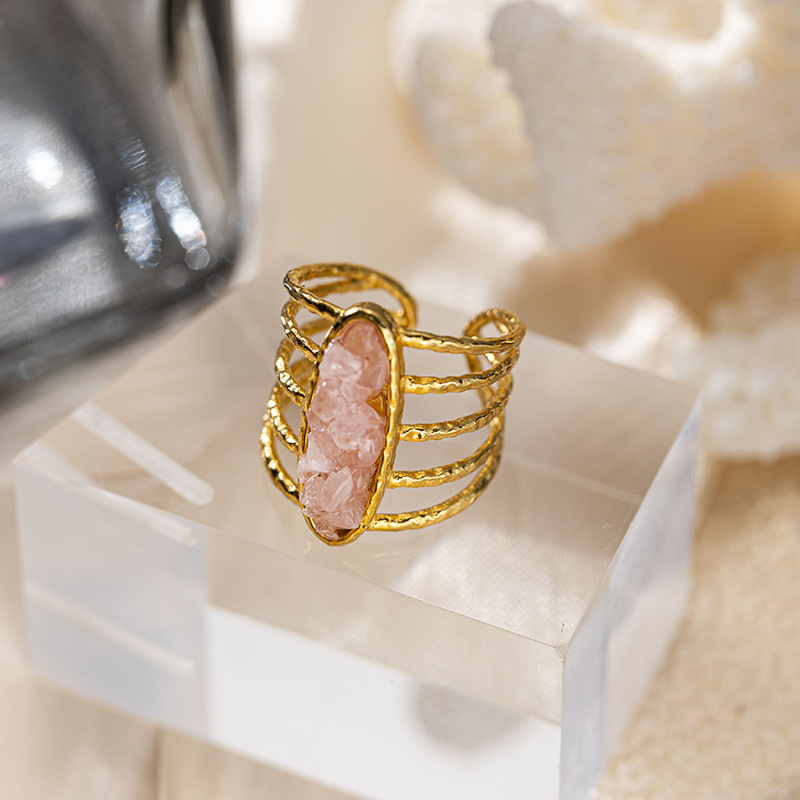 Anillo de acero inoxidable de 18k diseñado por mujeres de nicho, anillo de acero de titanio de piedra natural, joyería para mujeres