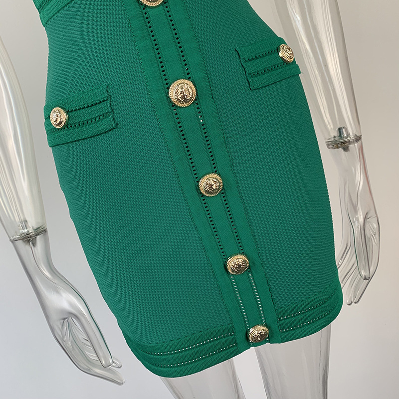 Spring Knitted Short Sleeved V neck Dress Sheath Army Green Black Texture