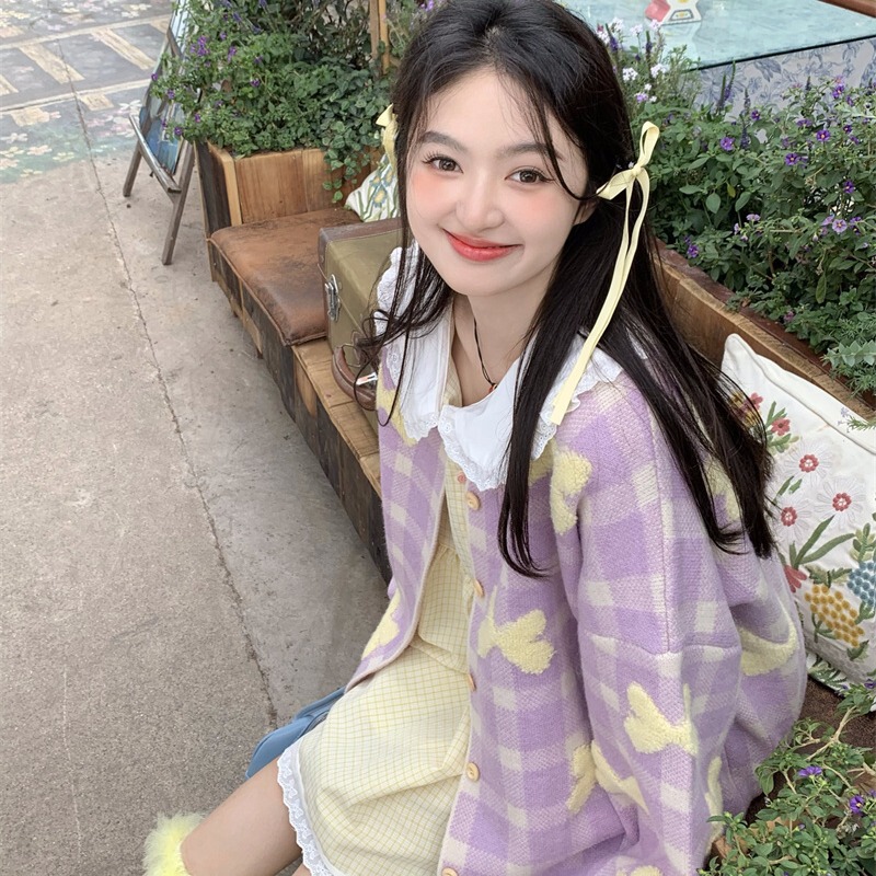 实拍~新款韩系甜美多巴胺立体刺绣蝴蝶结宽松厚实毛衣开衫外套女|undefined