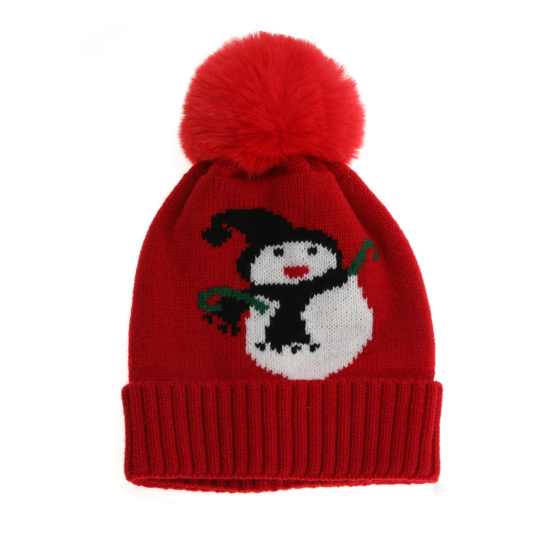 Children Unisex Gender Polyacrylonitrile Fiber Fabric Children Unisex Fashion Snowman Pom Poms Jacquard Wool Cap
