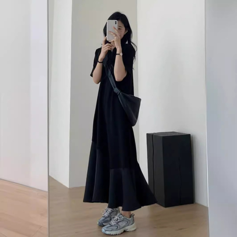 51059 #   French Black Dress for Women Summer New Hepburn Style High-End Loose Slimming Long Skirt