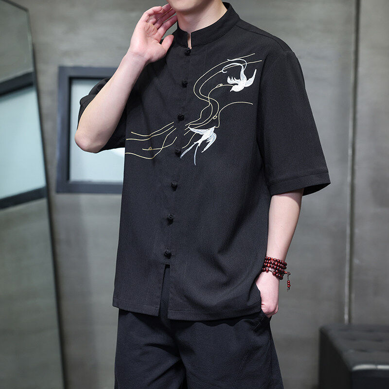 New Chinese Style Tang Suit Men's Chinese Style Summer Thin Ice Silk Short-Sleeved Shirt Retro Embroidered Large Size Three-Quarter Sleeve Shirt