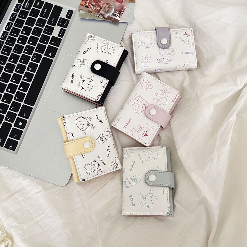 New Japanese and Korean Style Three-Fold Small Wallet for Women, Niche Design, Cute Printed Cat Mini Student Coin Purse