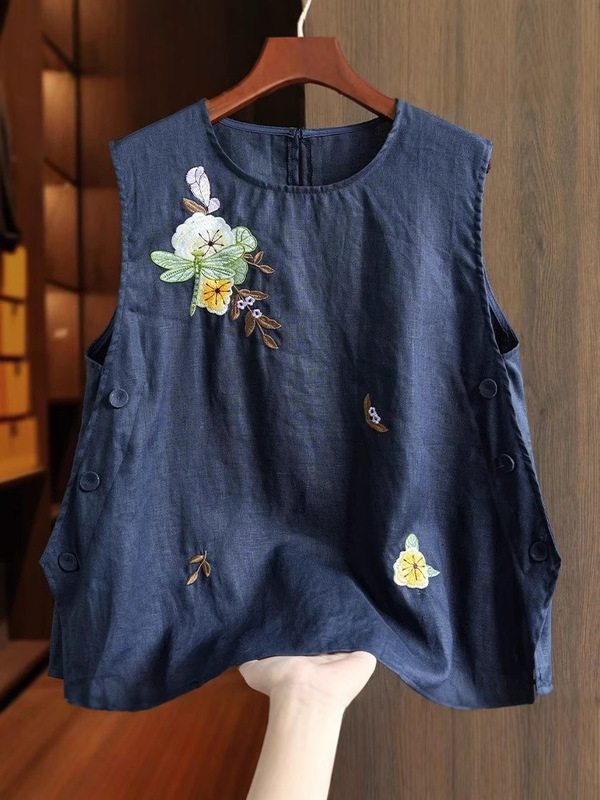 中国風の綿とリネンの女性用ベスト、夏の新しいスタイル、重厚な刺繍ボタンデザイン、ノースリーブトップ、人気のスタイル|undefined
