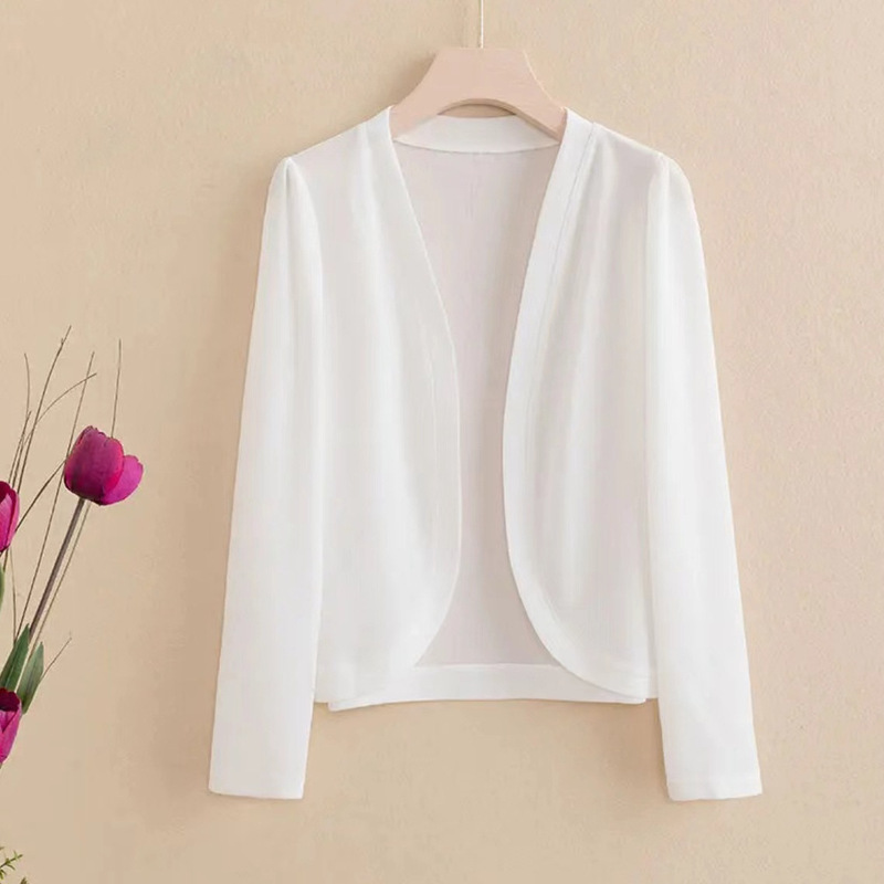 Summer New Women's Long Sleeve Solid Color Ice Silk Cardigan Outer Shoulder Shoulder Protection Shoulder Protection Fashion All-match Slimming Western Style