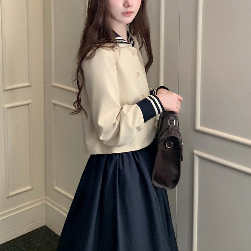 航行秋日 学院风双层海军领小风衣外套+半身裙两件套装女秋季新款|undefined