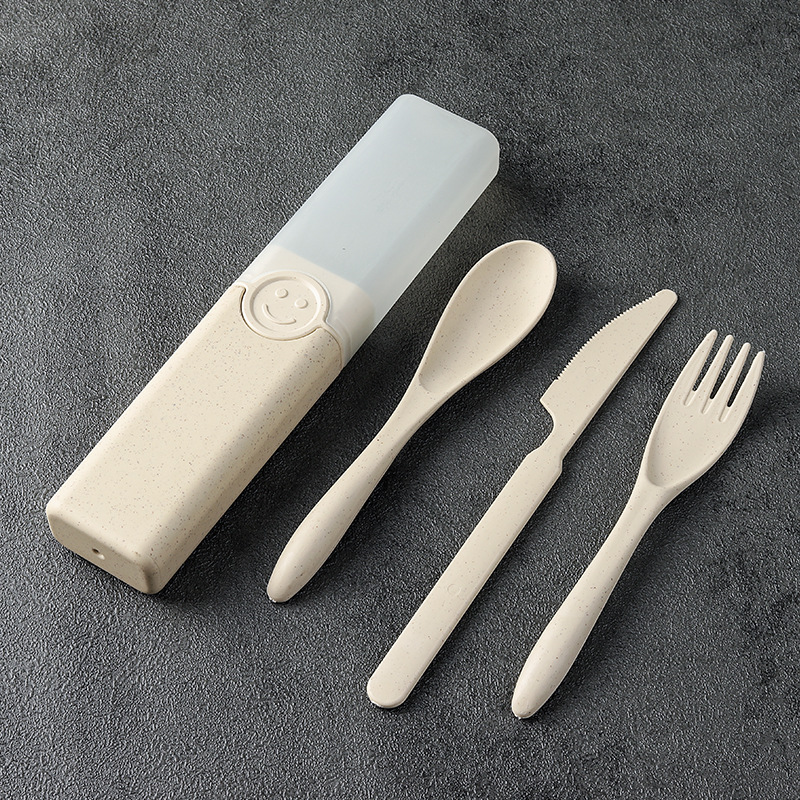 Cuchillo portátil, tenedor y cuchara conjunto de tres piezas de trigo estudiante de viaje palillos, tenedor y cuchara trabajo en caja Smiley vajilla traje logo