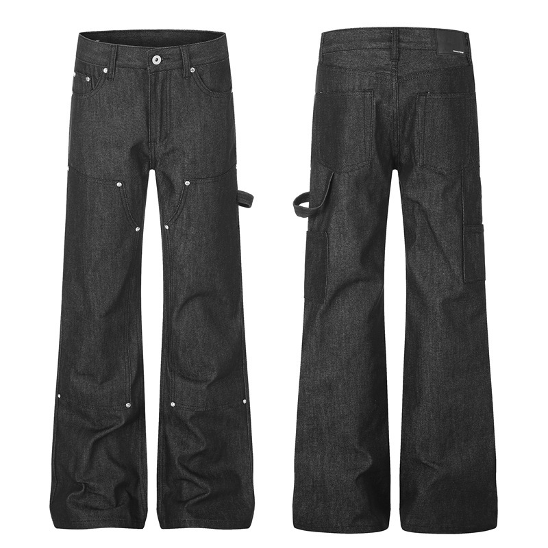 Dc+G60046 Retro Vintage Double-Knee Work Pants for Men and Women, Straight-Leg Slightly Flared Raw Denim Jeans