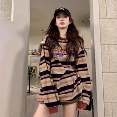 アメリカのストライプの長袖のtシャツの女性の春と秋の薄いタイプのヨーロッパの商品の爆発の韓国版のゆったりしているカジュアルな底の上着の6369