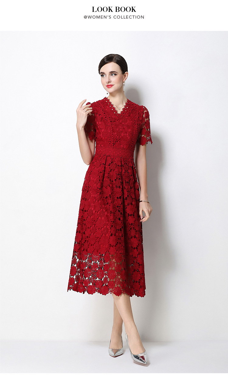 Đầm maxi nữ cổ V ren thắt eo tay ngắn họa tiết rỗng — màu đen, Rượu vang đỏ, màu hồng đậm, màu trắng chi tiết 50