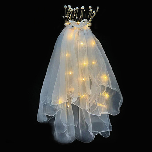 Internet celebrity tassel luminous veil with lights double-layer pearl crown veil ribbon bow children's luminous veil decoration