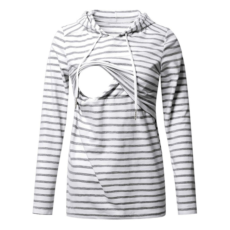 2023 European and American new maternity clothes women's nursing hoodie white background gray striped invisible cross nursing top