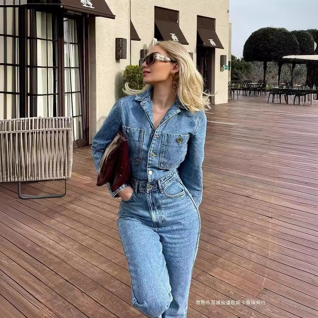 Spring and Autumn European and American Clothing European and American Suit Collar Bag Decorative Waist Straight-Leg Denim Jumpsuit Trousers