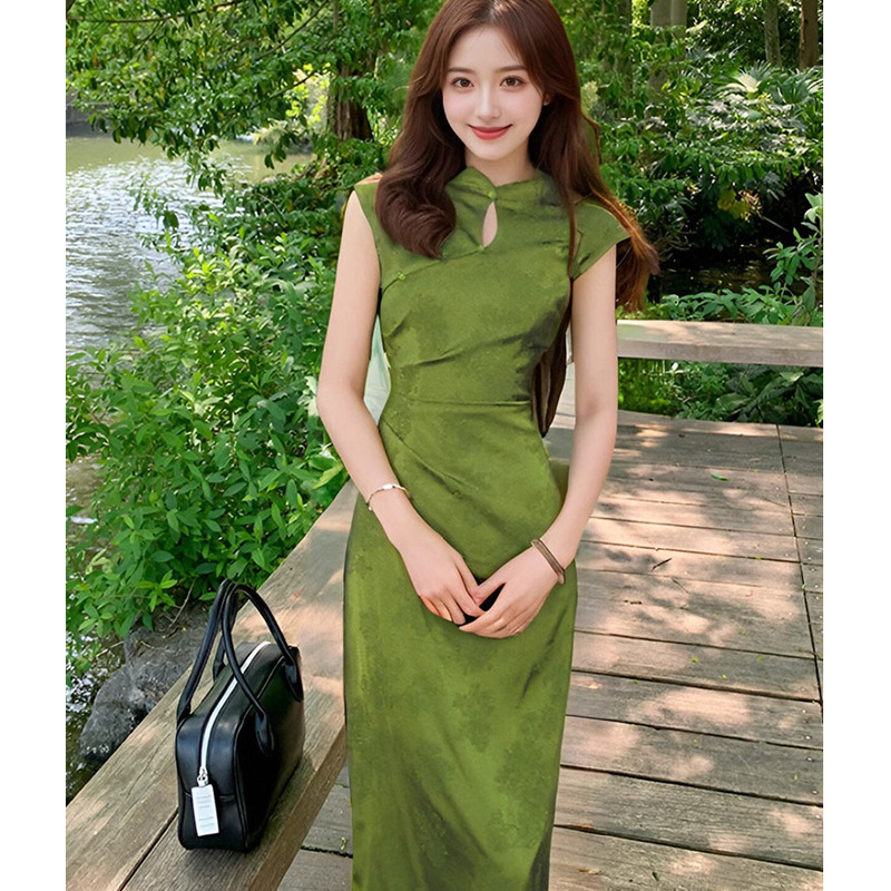 新中式印花改良旗袍年轻款显瘦显白开叉长款连衣裙女年夏季|undefined