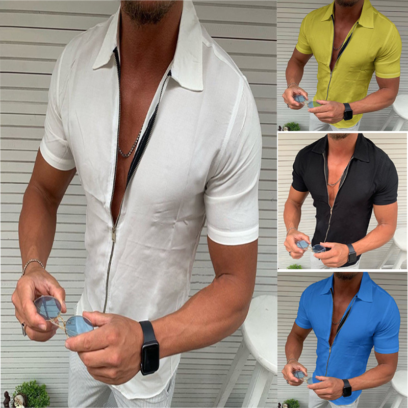 Comercio exterior 2022 verano transfronterizo de los hombres de color sólido cremallera camisa de manga corta de los hombres delgados de solapa casual cardigan top
