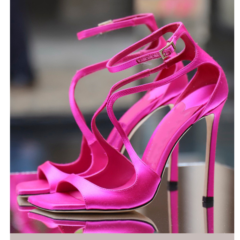 2024 summer foreign trade new square head fish mouth super high heel cross strap thin high heel large size hollow sandals women