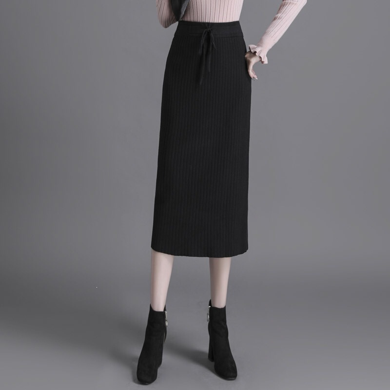 Knitted Woolen Skirt 2021 New Style Loose Fit High-Waisted Slimming Long Skirt Pencil Skirt Straight Skirt