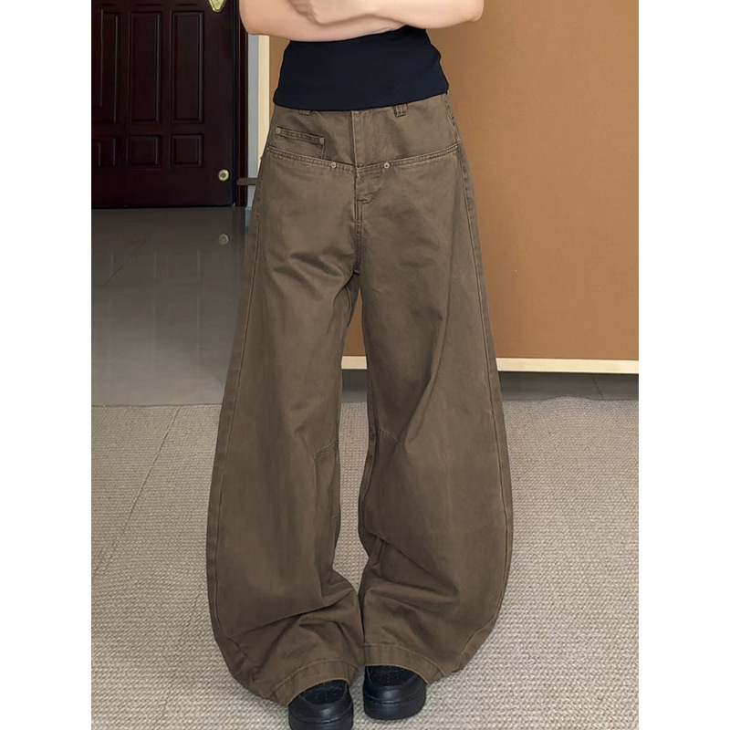 Women's Workwear Jeans with a Curved Silhouette, Wide-Leg Retro Casual Straight-Cut Floor-Length Pants, New American Style, Slimming and Loose-Fitting