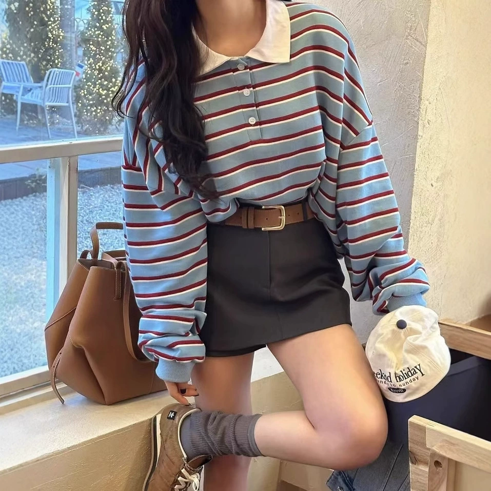 Dongdaemun 2021, ранняя лето, корейский стиль, ленивый стиль, контрастный лацкан, в полоску, свободная толстовка с длинными рукавами, женская куртка