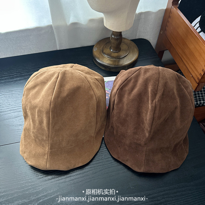 秋冬英伦麂皮绒文艺复古前进帽女古着风休闲贝雷帽子反戴画家帽|undefined