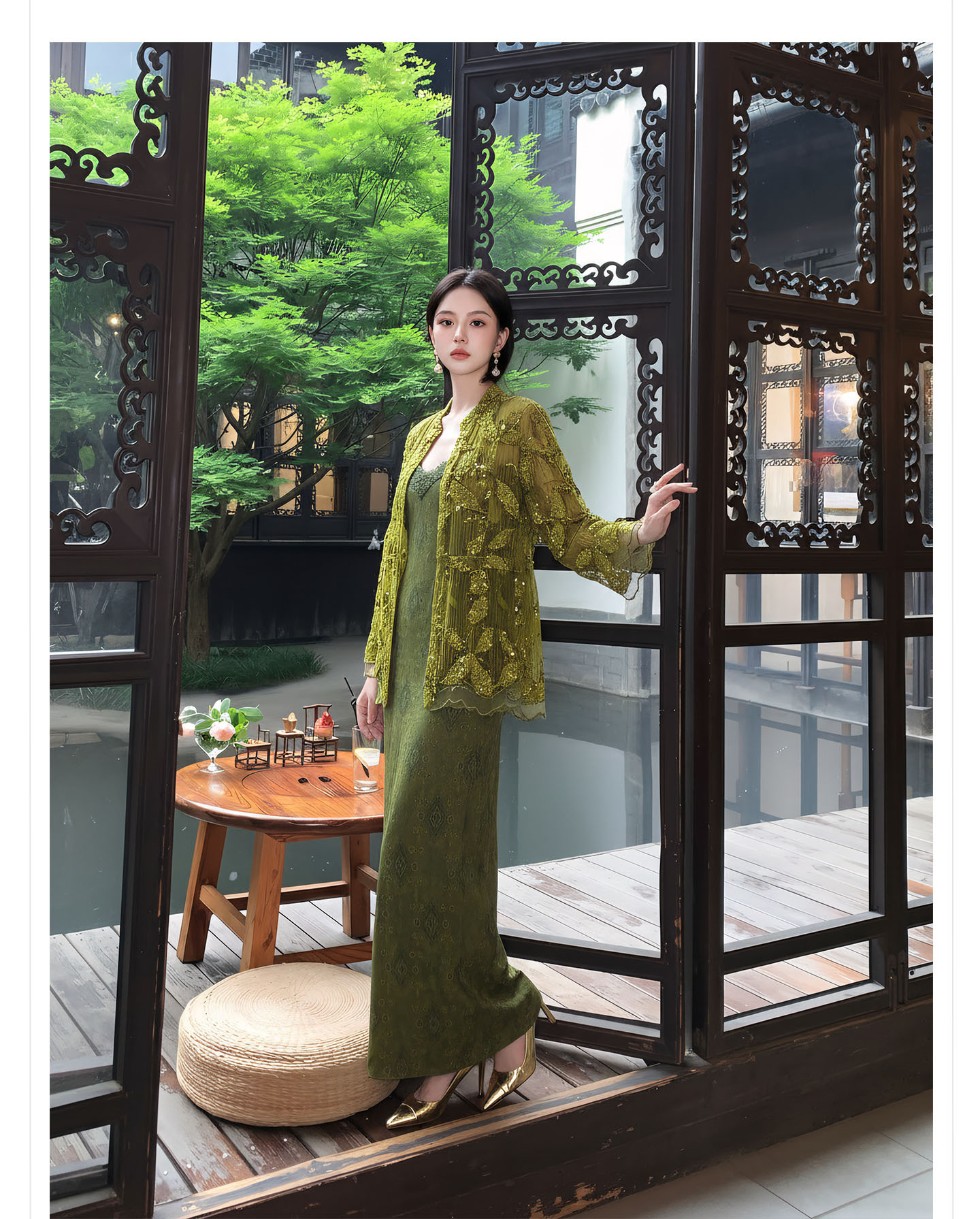 Bộ áo kiểu tân cổ điển phối váy yếm ren hoa thêu — Bộ【Áo vàng xanh + Váy yếm màu matcha】, Áo vàng xanh, Váy yếm màu matcha, Váy yếm đen cao cấp chi tiết 7