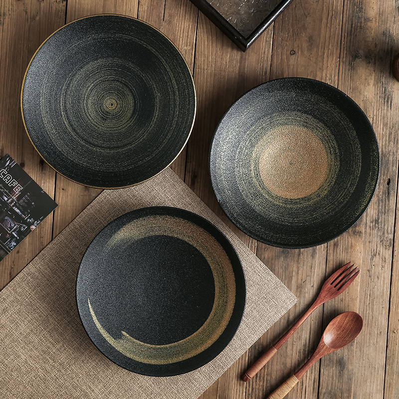 Cuencos de cerámica pintados a mano de arena negra, platos de cerámica, platos de ensalada, platos de pescado hervido, platos