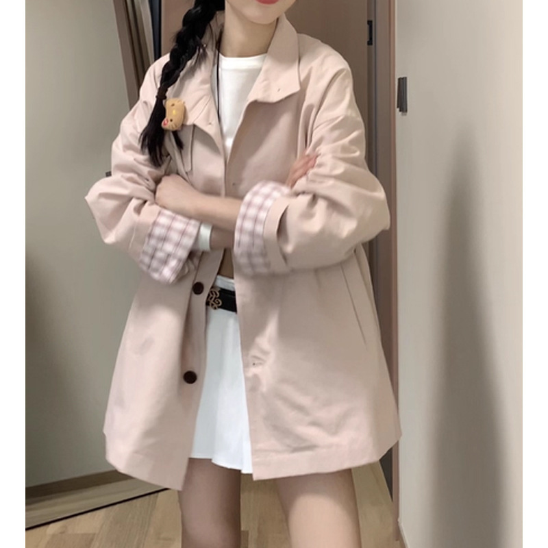 法式奶油蜜桃粉袖里撞格短风衣外套女设计感春新款女2025秋季新款|undefined