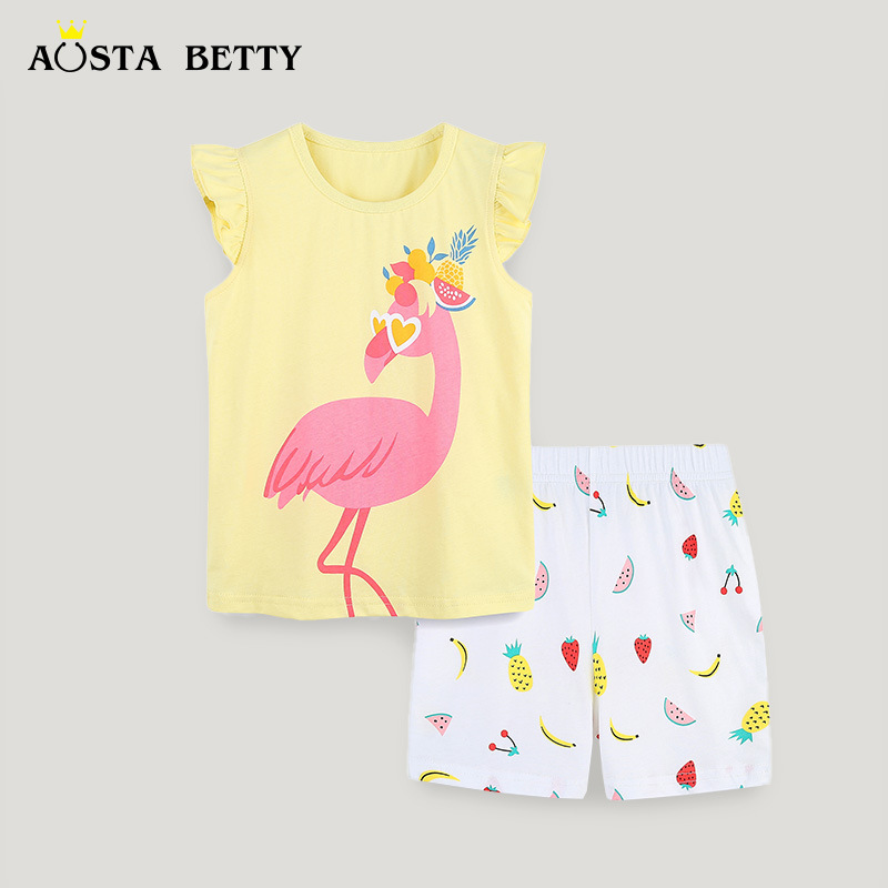 European and American Style Kidsren's Short-Sleeved Suit Summer Knitted Cotton Girls' T-Shirt Cartoon Round Neck Two-Piece Set Skin-Friendly Pure Cotton