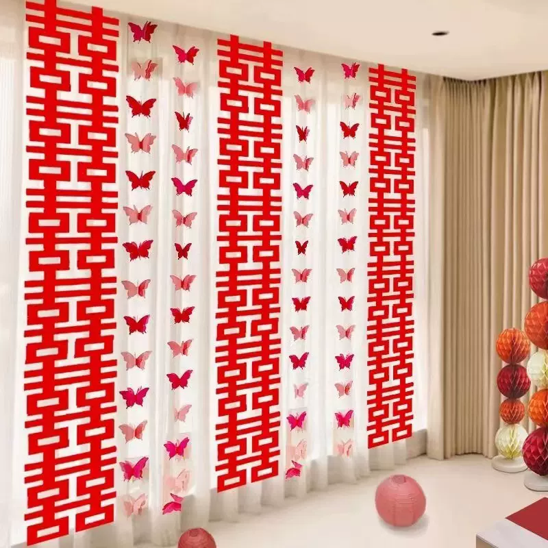 结婚装饰长条喜字厂家批发六连喜字套装男方女方蝴蝶拉花卧室客厅