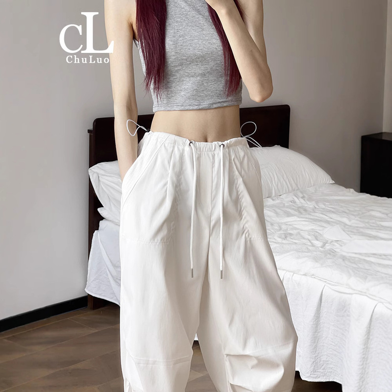 White Cargo Pants for Women, Summer Thin Style 2024 New Jazz Dance American Straight Petite Parachute Pants