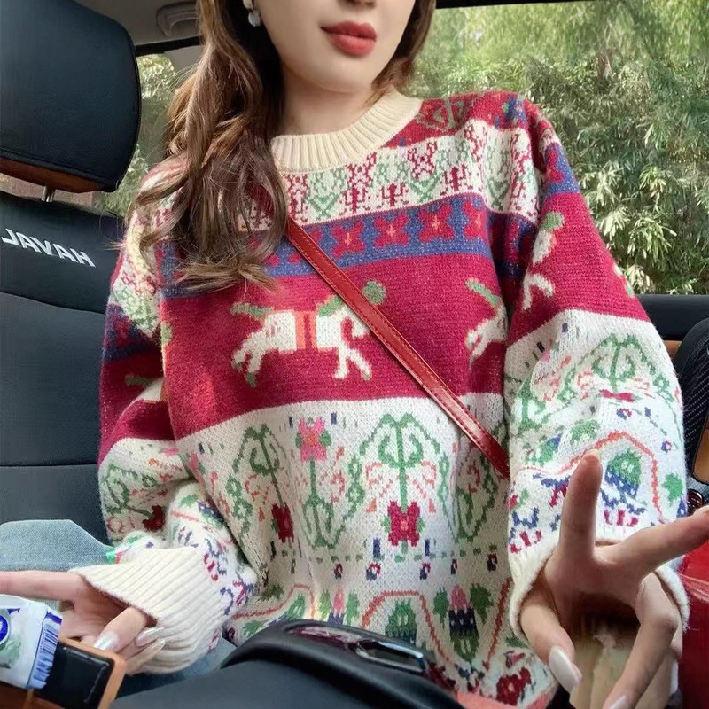 Retro Christmas Fair Isle Jacquard Autumn and Winter New Style Lazy Design Foreign Trade Korean Style Pullover Thick Sweater for Women Retro Christmas Fair Isle Jacquard Autumn and Winter New Style Lazy Design Foreign Trade Korean Style Pullover Thick Sweater for Women