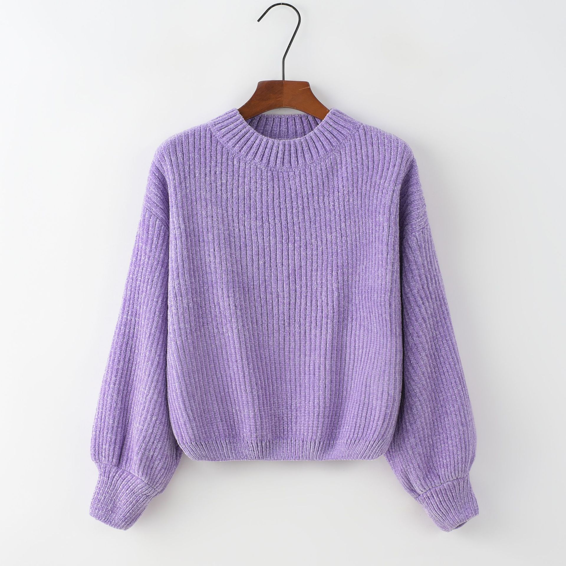 European and American Cross-border Pullover Sweater 2022 Autumn and Winter New Round Neck Solid Color Loose Lantern Sleeve Chenille Sweater Trendy
