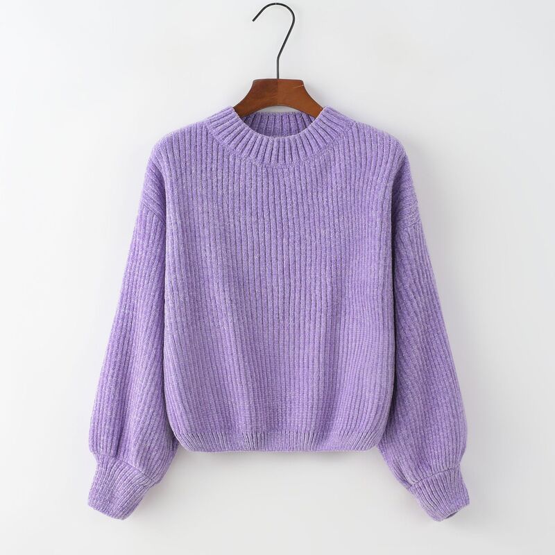 European and American Cross-border Pullover Sweater 2022 Autumn and Winter New Round Neck Solid Color Loose Lantern Sleeve Chenille Sweater Trendy