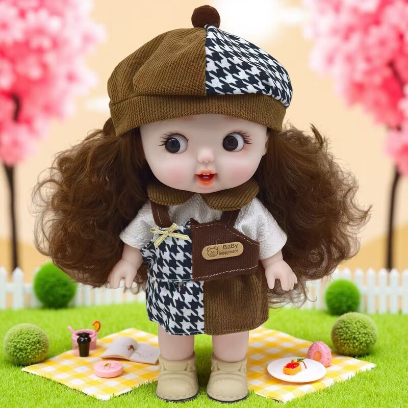 New 28cm Big Head Girl Cute Doll with Movable Joints, Adorable and Cute Set, Girl's Birthday Gift, Doll Clothes