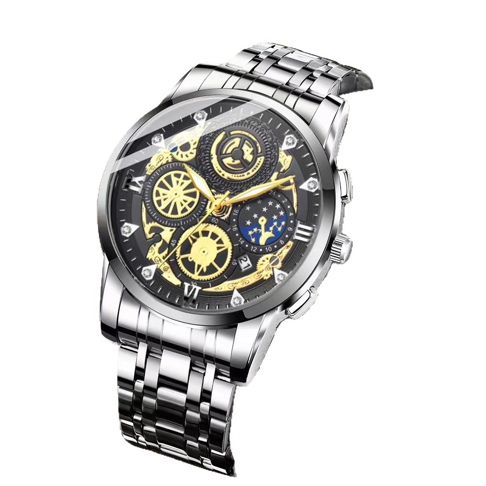 Tuhao Gold Men's Watch impermeable calendario luminoso moda Comercio exterior transfronterizo Piel de camarón incrustada en diamantes TikTok entrega rápida de una pieza
