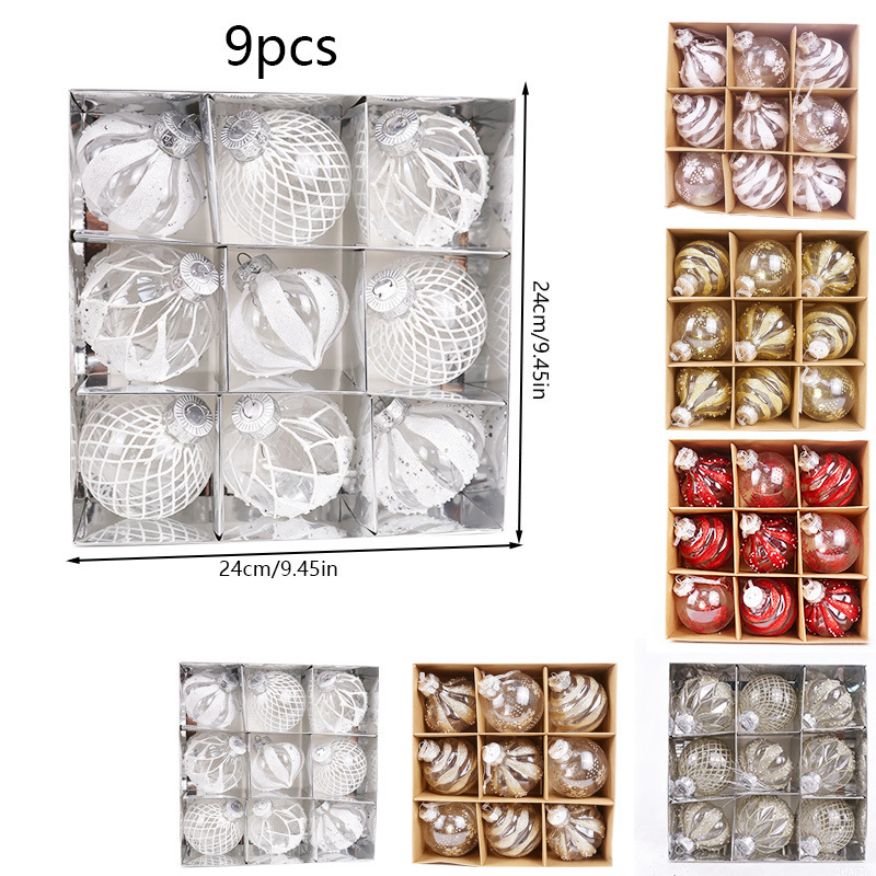 Cross-Border New Christmas Special-Shaped Transparent Loose Powder Hand-Painted Pet Plastic Balls 8cm 9-Piece Set Christmas Tree Decoration