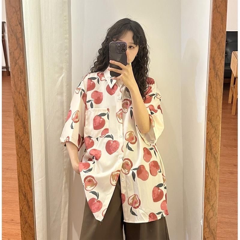 オーバーサイズ日本ハワイピーチフルプリント半袖シャツメンズ夏香港スタイルカップル半袖花柄シャツ|undefined