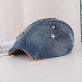 2025爆款水洗牛仔帽纯棉休闲前进帽做旧时尚画家帽大头围显小