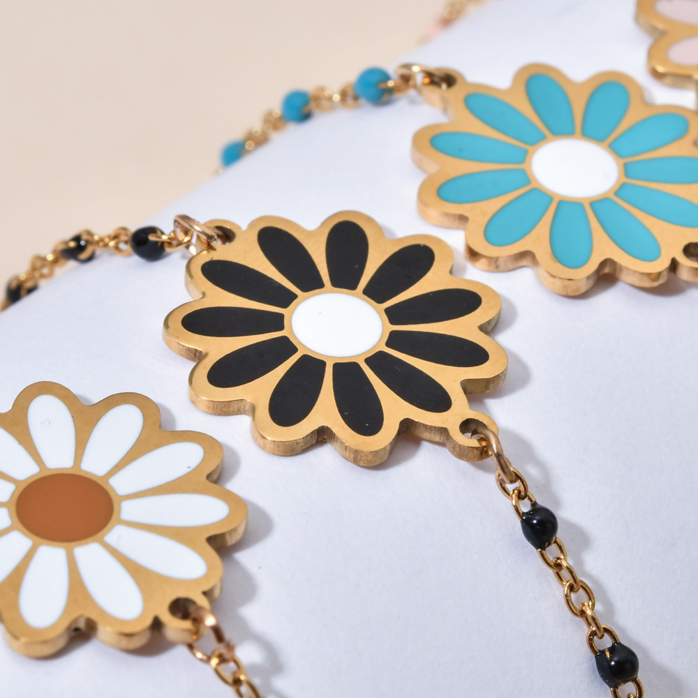 cable chain Chain Type Sweet Daisy Stainless Steel Enamel Plating Bracelets