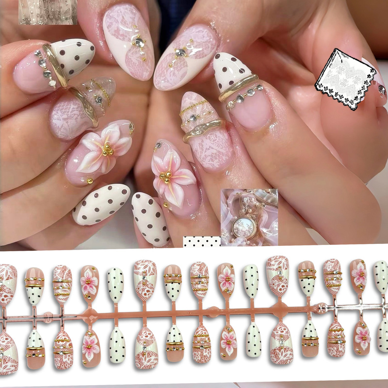 3D Gold-Plated White Lace Flower Press-On Nails, Ultra-Short Almond Shape, Light Luxury French Polka Dot, Cross-Border European and American Nail Stickers 3D Gold-Plated White Lace Flower Press-On Nails, Ultra-Short Almond Shape, Light Luxury French Polka Dot, Cross-Border European and American Nail Stickers