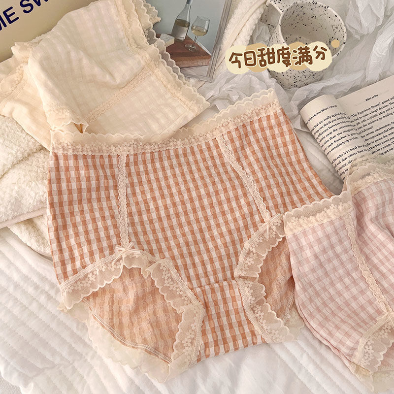 Waffles High Waist Cotton Large Size Underwear Women's Sweet Cute Pastoral Mesh Breathable Cotton Crotch Bag Hip Briefs for Women