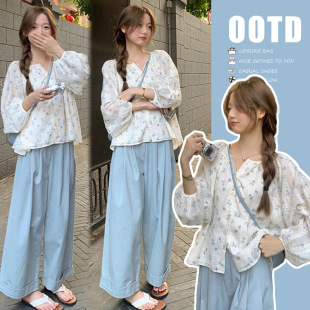 In stock fresh pregnant women's floral long-sleeved shirt loose slimming suit overalls sweet girly versatile