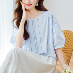 工場直販女性用トップステッチ刺繍フレンチシャツ25年夏新スタイルスリムラウンドネックカジュアルシャツ