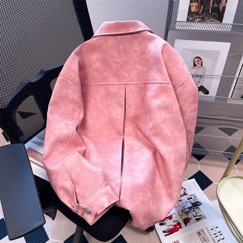American Retro Metal Button Pink Leather Jacket Women Spring and Autumn Season Loose Motorcyclist Workwear Jacket Top Trendy