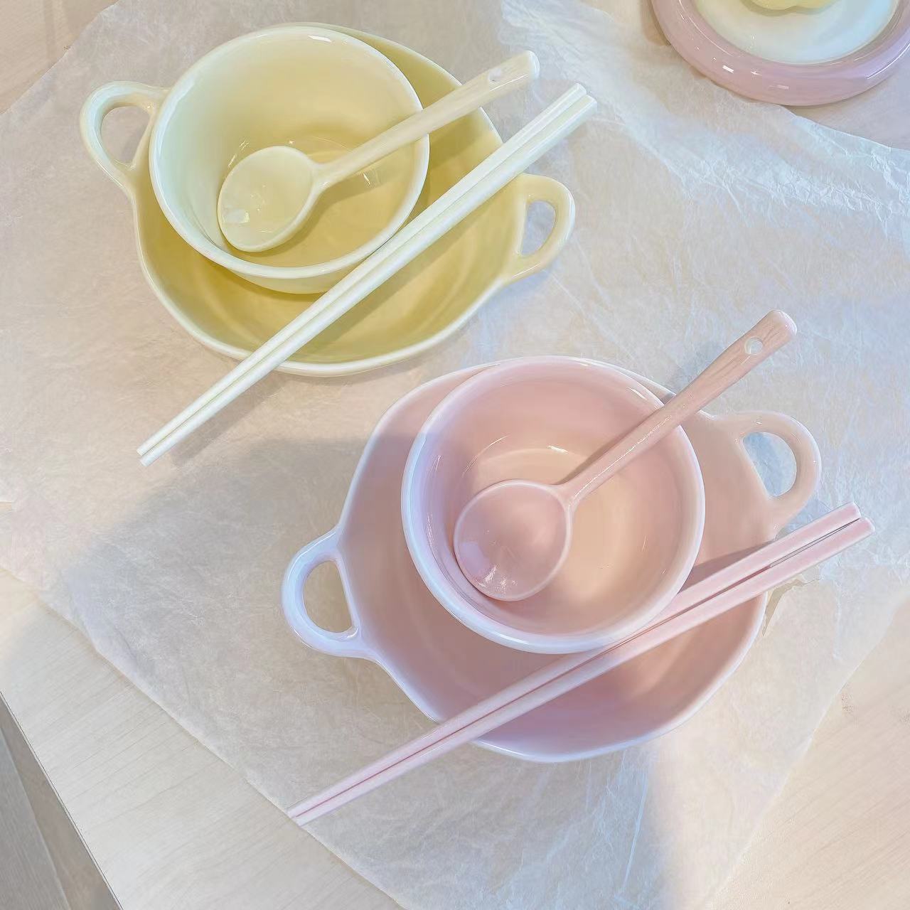 Milk Fufu Ceramic Double-Eared Bowl Underglaze Color One-Person Household Tableware Set with Spoon and Chopsticks Dormitory Salad Instant Noodles