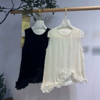 南油2026夏款法式真丝丝绒下摆手工装饰花朵工艺设计感无袖上衣女