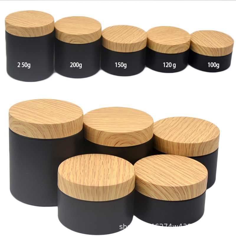 Pet botella de boca negra tapa de grano de madera botella de tapa de crema cosmética mascarilla facial tarro envase de subembotellado