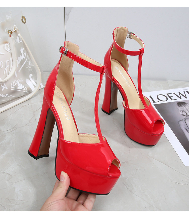 Sandal nữ quai T mũi hở cá, gót dày siêu cao trên 8 cm, phong cách châu Âu – Mỹ, size lớn — Màu trắng, Màu đen, Màu đỏ, Đỏ đào chi tiết 39